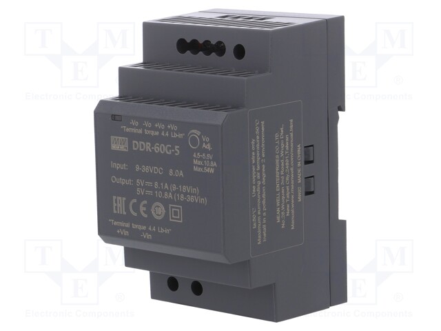 Power supply: DC/DC; 54W; 5VDC; 10.8A; 9÷36VDC; Mounting: DIN; 216g