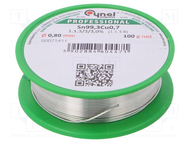 Soldering wire; Sn99,3Cu0,7; 0.8mm; 100g; lead free; Package: reel