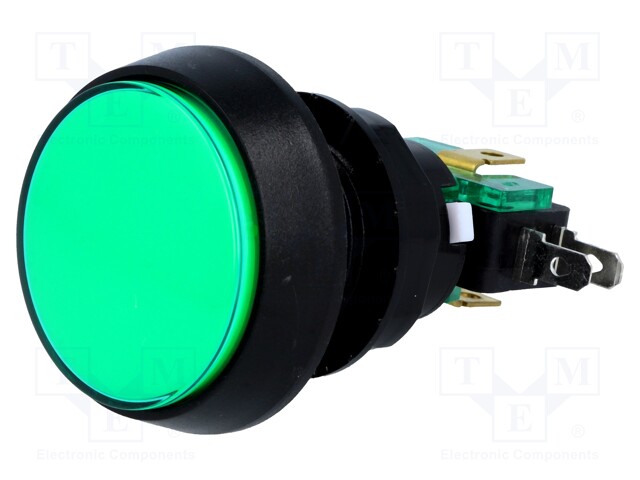 Switch: push-button; Pos: 2; SPDT; 10A/250VAC; green; green; Ø: 44mm