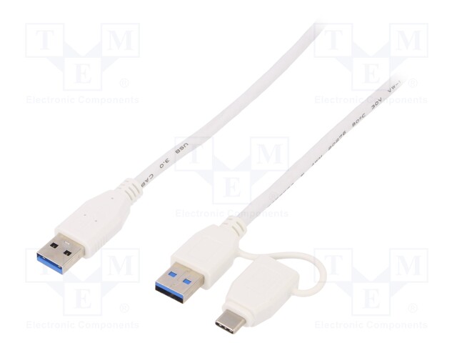 Cable; USB 3.0; USB A plug x2,USB C plug; 2m; white