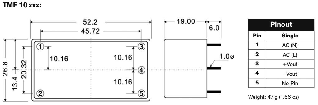 Converter: AC/DC; 10W; Uout: 15VDC; Iout: 666mA; 84%; Mounting: PCB