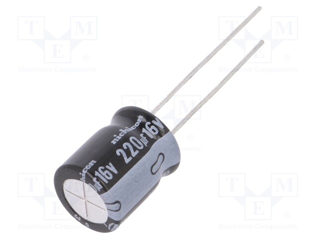 Capacitor: electrolytic; THT; 220uF; 16VDC; Ø10x12.5mm; Pitch: 5mm