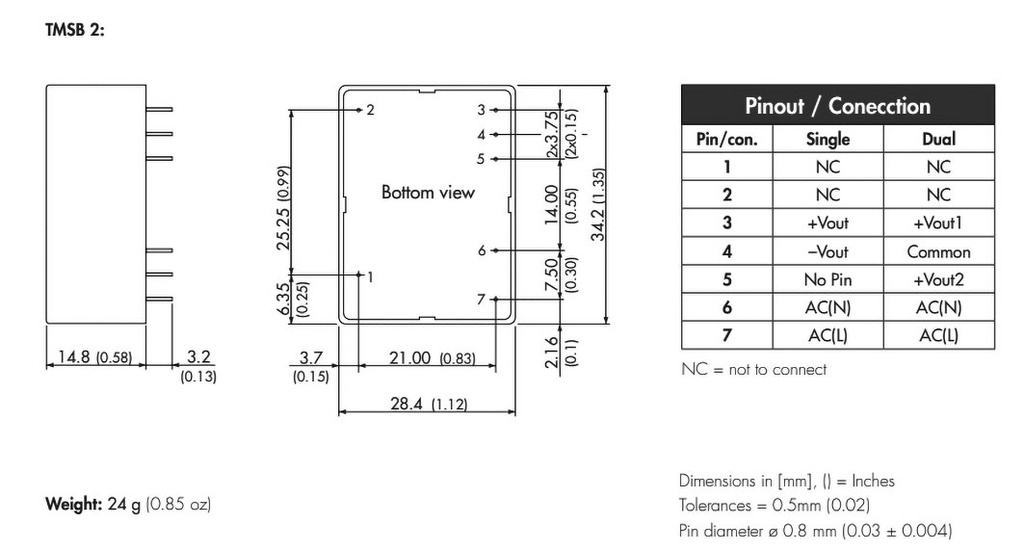 Converter: AC/DC; 2W; Uout: 24VDC; Iout: 83mA; 76%; Mounting: PCB