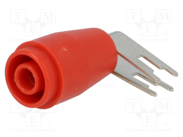 Socket; 4mm banana; 25A; 1kV; red; nickel plated; PCB; insulated