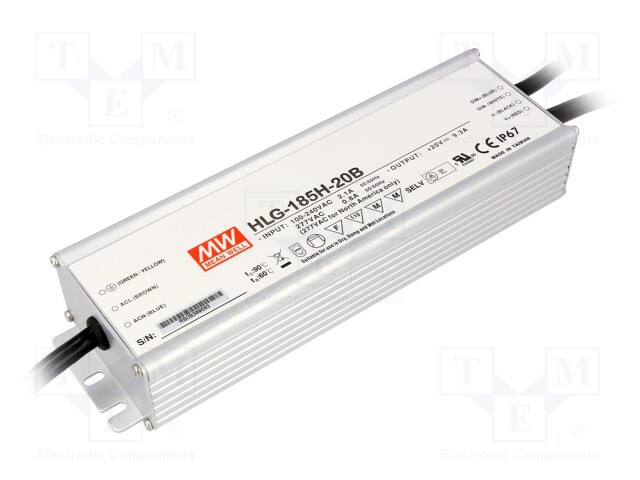 Power supply: switched-mode; LED; 186W; 20VDC; 9.3A; 90÷305VAC