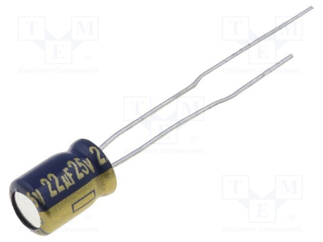 Capacitor: electrolytic; low impedance; THT; 22uF; 25VDC; Ø5x7mm