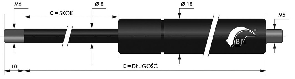 Gas spring; Thread: M6; E: 365mm; Øout: 18mm; Piston diam: 8mm; 650N