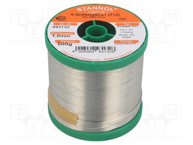 Soldering wire; Sn95Ag4Cu1; 1mm; 0.5kg; lead free; Package: reel