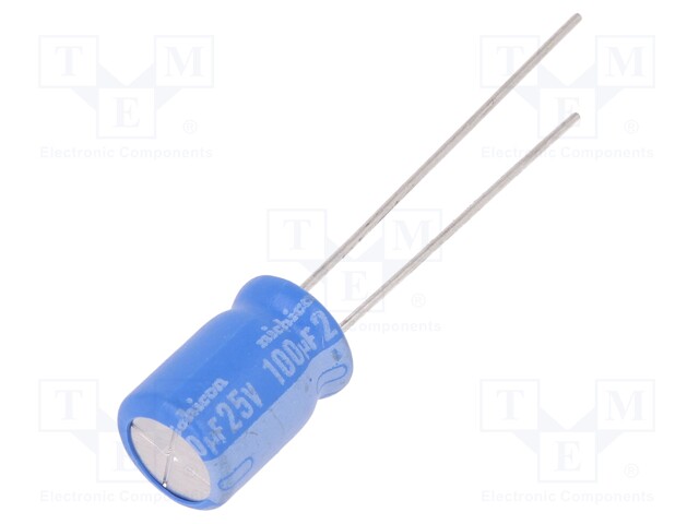 Capacitor: electrolytic; THT; 100uF; 25VDC; Ø8x11.5mm; Pitch: 3.5mm