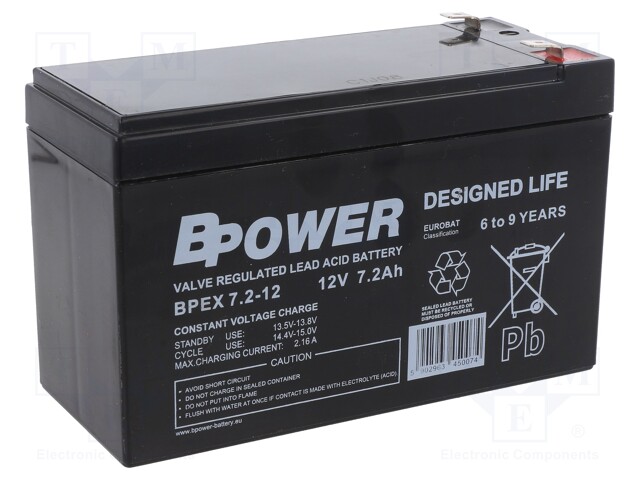 Re-battery: acid-lead; 12V; 7.2Ah; AGM; maintenance-free; BPEX
