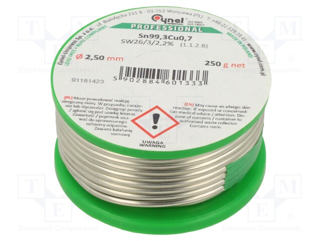 Soldering wire; Sn99,3Cu0,7; 2.5mm; 250g; lead free; Package: reel