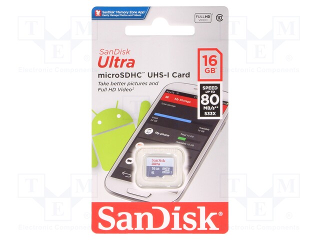 Memory card; Android,UHS-I; SD HC Micro; 16GB; Class 10