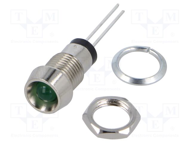 Indicator: LED; recessed; green; 2.1VDC; Ø8mm; metal; ØLED: 5mm; 2mcd