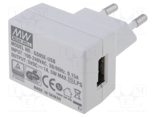 Power supply: switched-mode; 5VDC; 1A; Out: USB; 5W; Plug: EU; 74.5%