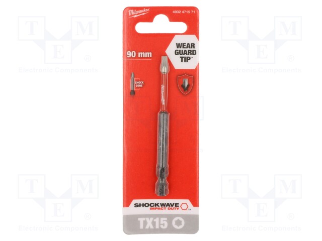 Screwdriver bit; Torx®; TX15; Overall len: 90mm; Kind: impact