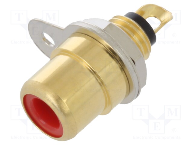 Socket; RCA; female; straight; soldering; gold-plated; Marker: red
