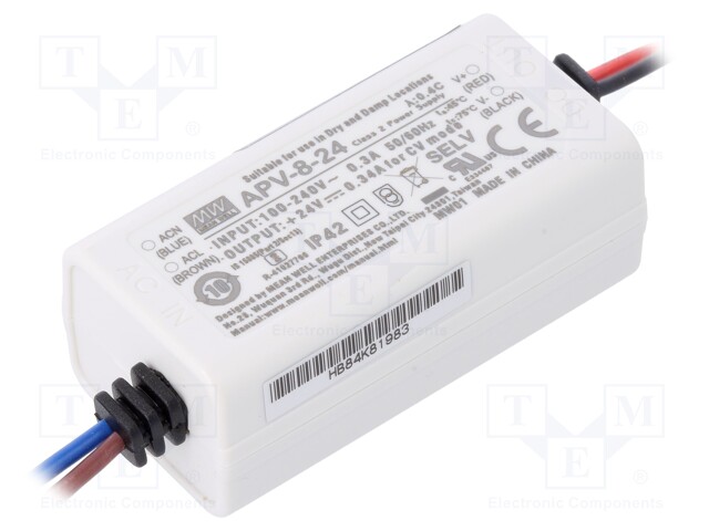 Power supply; Uout: 24VDC; IP42; Leads: 150mm leads; 60x30x22mm; 8W