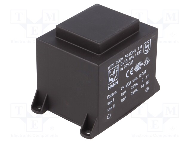 Transformer: encapsulated; 50VA; 230VAC; 12V; 12V; 2083mA; 2083mA