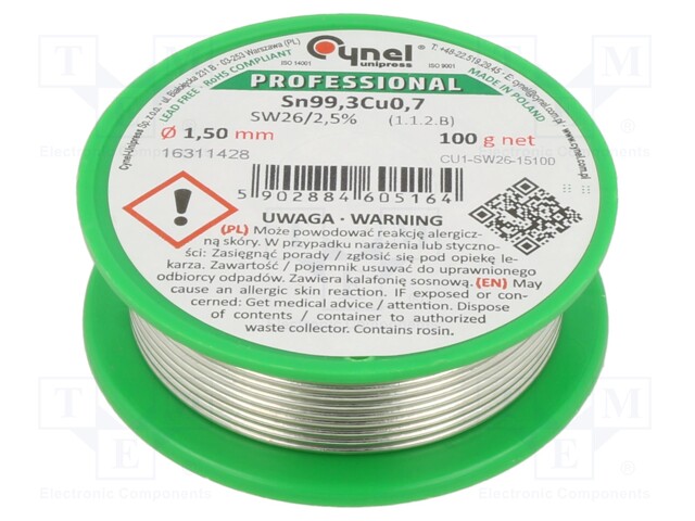 Soldering wire; Sn99,3Cu0,7; 1.5mm; 100g; lead free; Package: reel