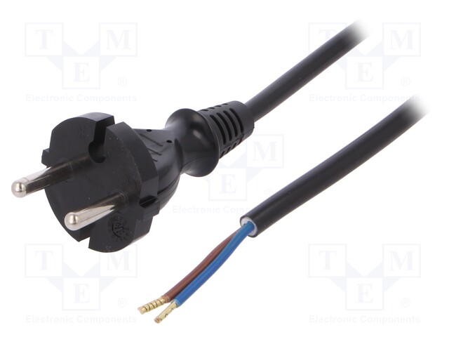 Cable; CEE 7/17 (C) plug,wires; 5m; black; PVC; 2x1mm2; 16A; 250V