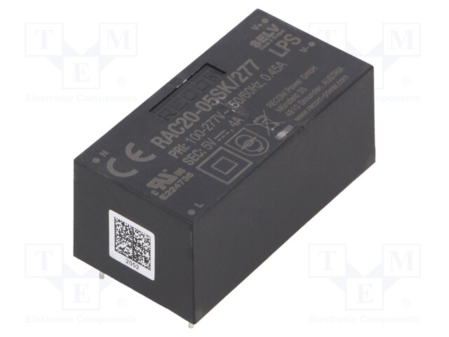 Converter: AC/DC; 20W; 85÷305VAC; Usup: 120÷430VDC; Uout: 5VDC; 84%