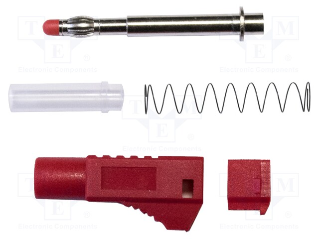 Plug; 4mm banana; 45A; 1kVAC; red; Mounting: soldered; Mat: brass