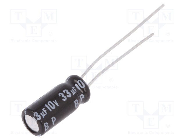 Capacitor: electrolytic; bipolar; THT; 33uF; 10VDC; Ø5x11mm; ±20%