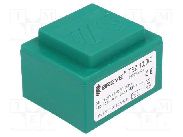 Transformer: encapsulated; 10VA; 230VAC; 10.5V; 952.3mA; IP00; 280g