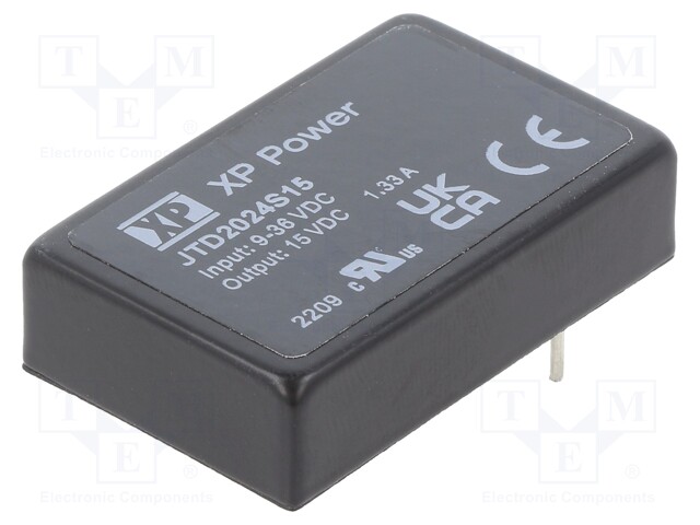 Isolated Board Mount DC/DC Converter, ITE, 1 Output, 20 W, 15 V, 1.33 A