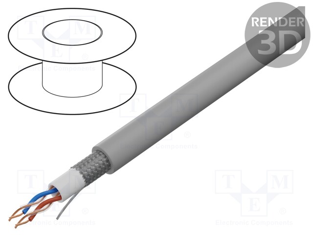 Wire: microphone cable; 2x2x0,22mm2; grey; OFC; PVC; -15÷70°C; 100m