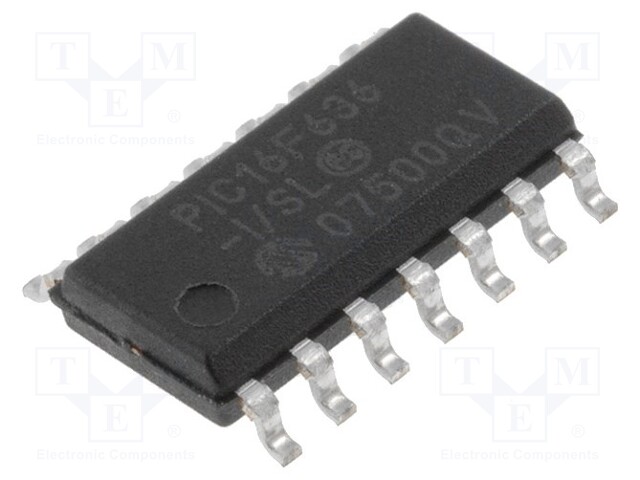 PIC microcontroller; Memory: 3.5kB; SRAM: 128B; EEPROM: 256B; SMD