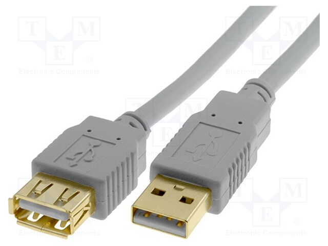 Cable; USB 2.0; USB A socket,USB A plug; gold-plated; 5m; grey