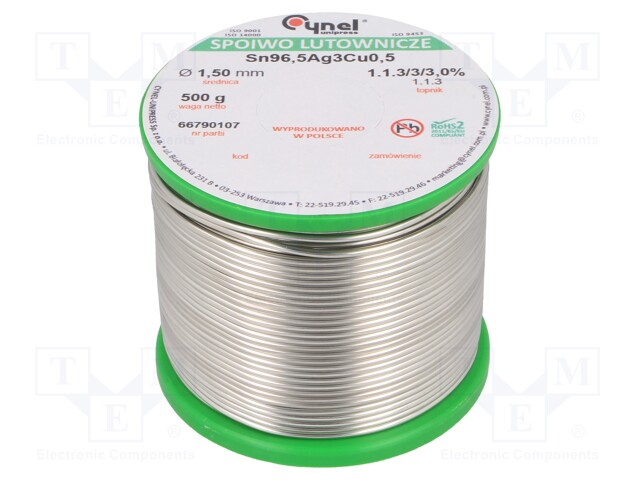 Soldering wire; Sn96,5Ag3Cu0,5; 1.5mm; 500g; lead free; 217÷219°C