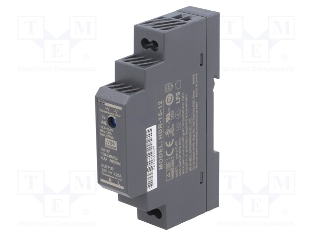 Power supply: switched-mode; 15W; 12VDC; 10.8÷13.8VDC; 1.25A; 78g