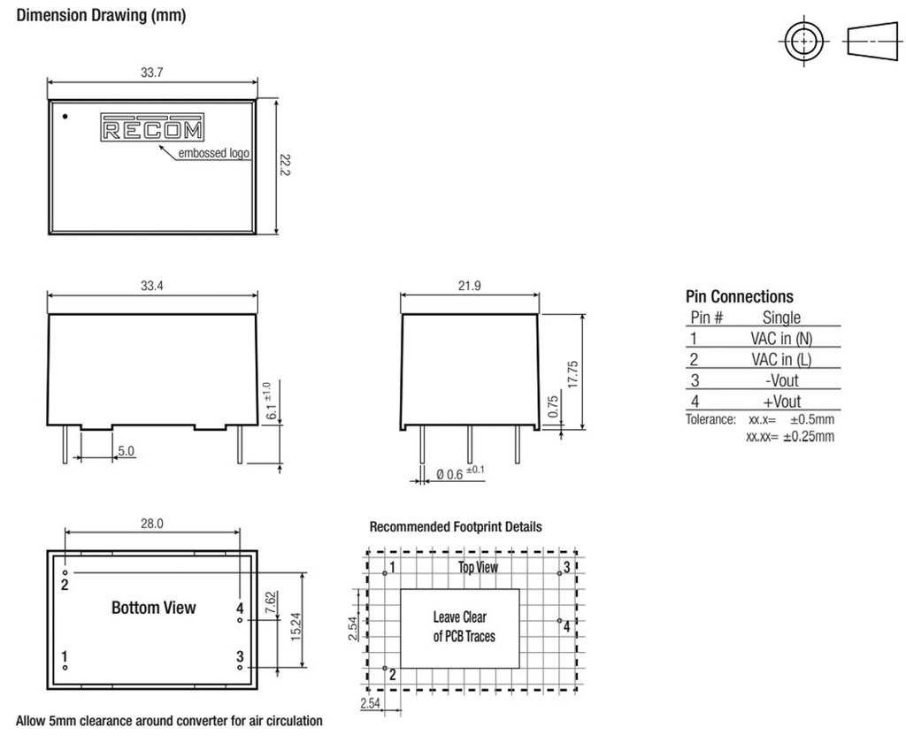 Converter: AC/DC; 2W; Uout: 24VDC; Iout: 83mA; 77%; Mounting: PCB