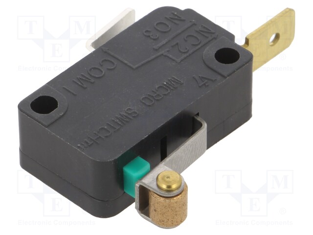 Microswitch, Miniature, Roller Lever, SPST-NC, Quick Connect, 100 mA