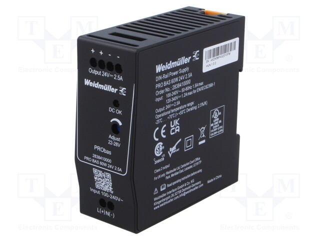 Power supply: switched-mode; for DIN rail; 60W; 24VDC; 2.5A; 259g