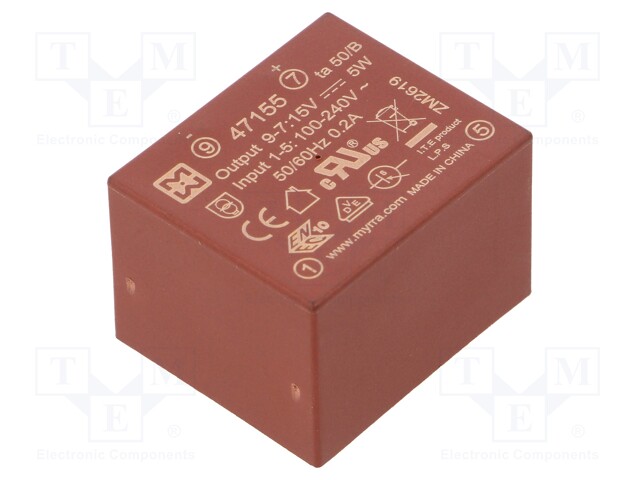 Converter: AC/DC; 5W; Uout: 15VDC; Iout: 320mA; 76%; Mounting: PCB