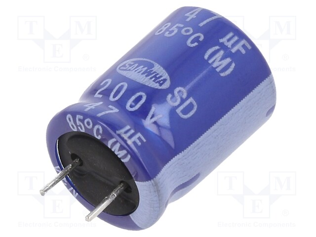 Capacitor: electrolytic; THT; 47uF; 200VDC; Ø12.5x16mm; ±20%; 2000h