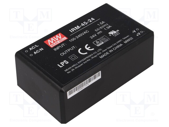 Power supply: switched-mode; modular; 45.6W; 24VDC; 87x52x29.5mm