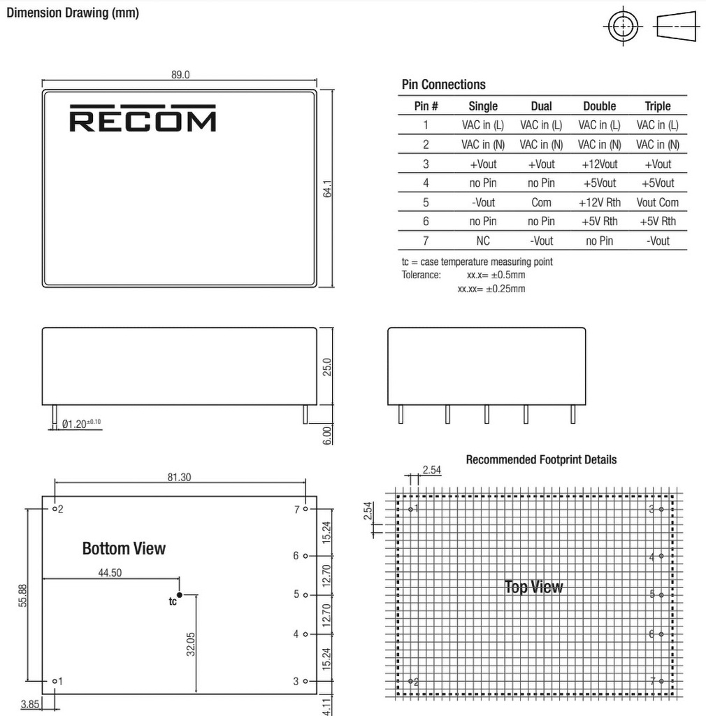 Converter: AC/DC; 40W; Uout: 24VDC; Iout: 1667mA; 83%; Mounting: PCB