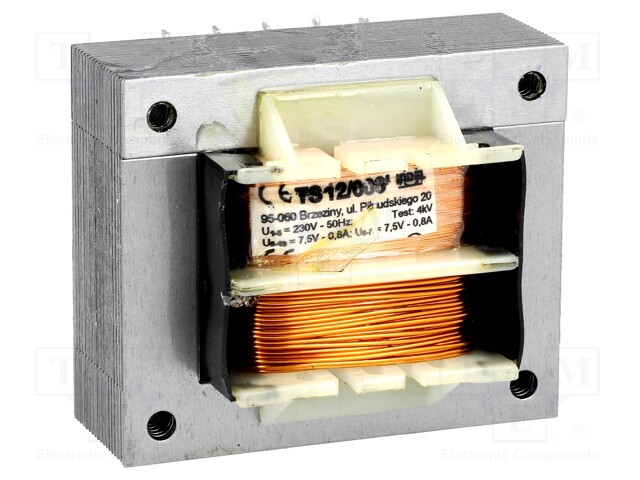 Transformer: mains; 12VA; 230VAC; 7.5V; 7.5V; 0.8A; 0.8A; IP00