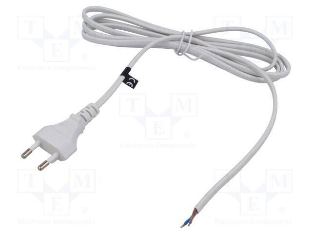 Cable; 2x0.75mm2; CEE 7/16 (C) plug,wires; PVC; 2m; white; 2.5A