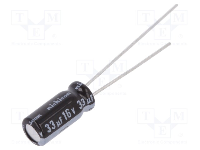 Capacitor: electrolytic; THT; 33uF; 16VDC; Ø5x11mm; Pitch: 2mm; ±20%