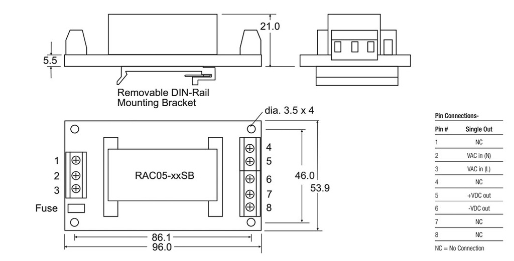 Converter: AC/DC; 5W; Uout: 24VDC; Iout: 230mA; 77%; Series: RAC05-B