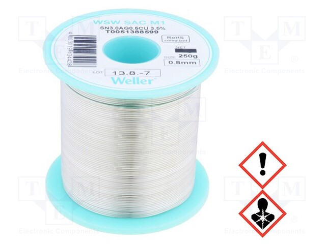 Soldering wire; Sn96,5Ag3,0Cu0,5; 0.8mm; 250g; lead free; 3.5%