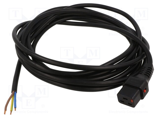 Cable; IEC C19 female,wires; 5m; with IEC LOCK locking; black