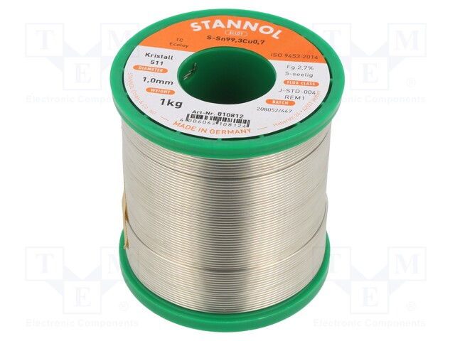 Soldering wire; Sn99Cu1; 1mm; 1kg; lead free; Package: reel; 227°C