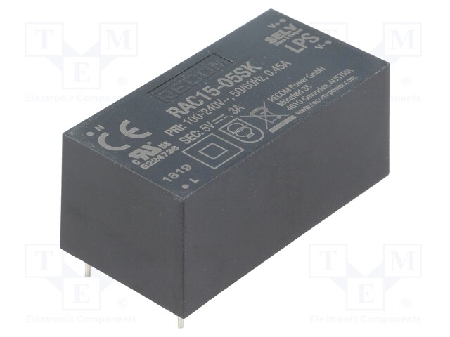 Converter: AC/DC; 15W; Uout: 5VDC; Iout: 3A; 84%; Mounting: PCB; 3000V