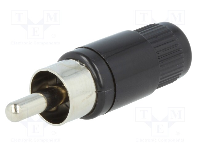Plug; RCA; male; straight; soldering; black; nickel plated